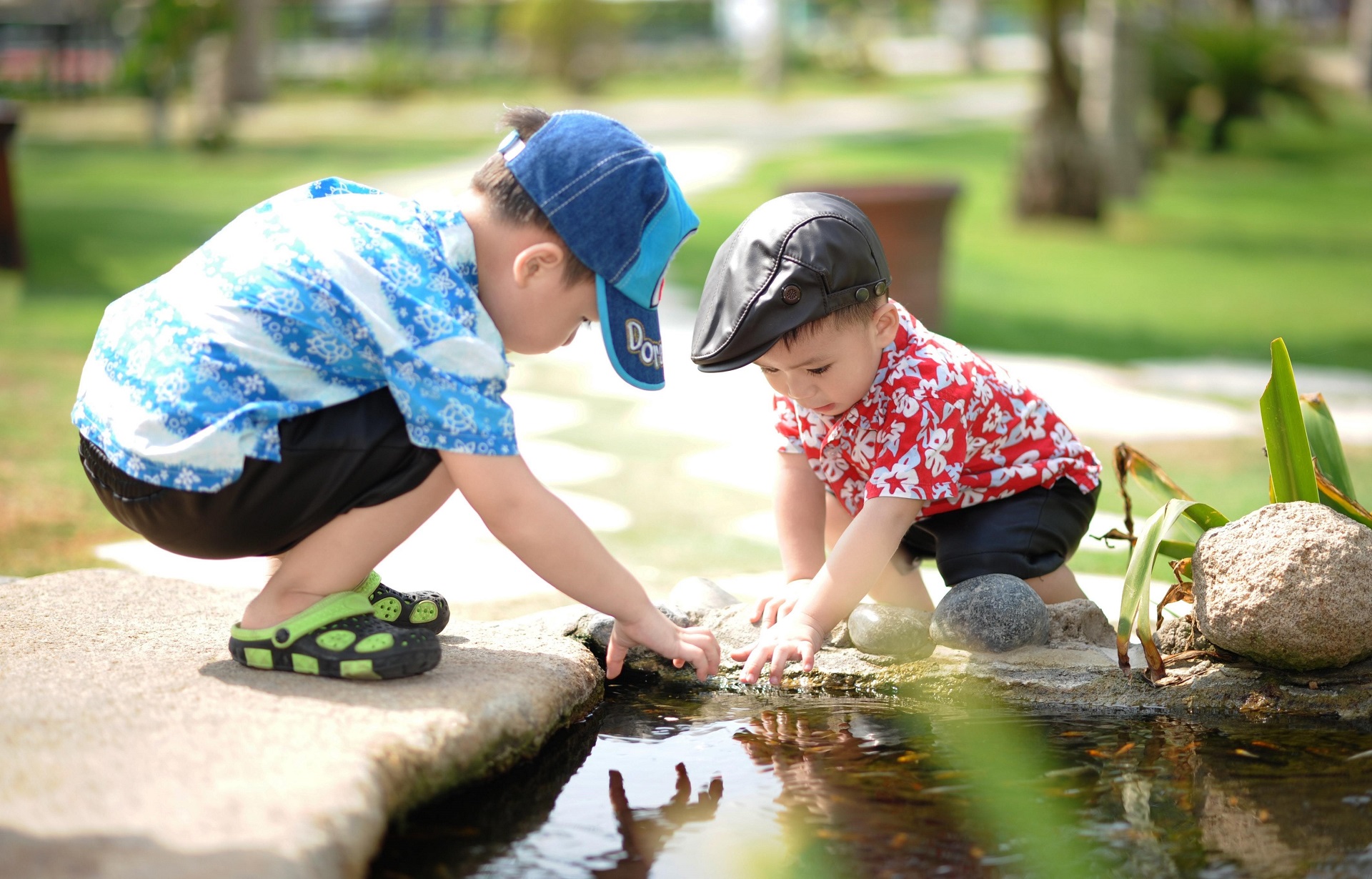 Two children dipping hands in pond